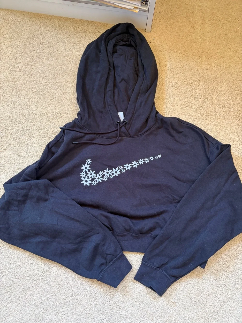 Nike Black Cropped Hoodie with White Floral Swoosh